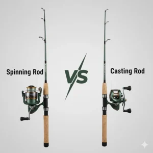 A high-detail comparison of a spinning reel setup versus a casting setup for salmon.