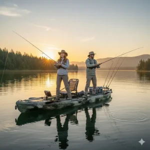Two anglers standing up to cast from a wide, stable two person fishing kayak.