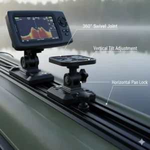 A 360-degree swivel kayak fish finder mount base showing vertical and horizontal adjustment points.