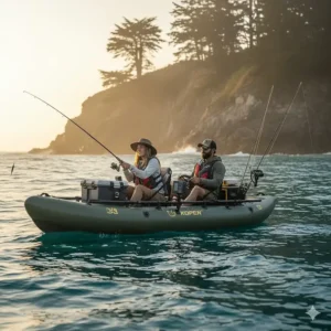 Two people using a tandem inflatable kayak for fishing in coastal saltwater conditions.