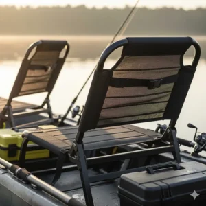 Adjustable ergonomic lawn-chair style seats in a two person fishing kayak for long days on the water.