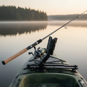 A gear track mounted kayak fish pole holder for easy sliding and positioning.