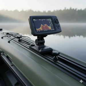 Illustration of a sliding track system for a kayak fish finder mount showing how it secures to a gear track.