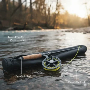 Photo of a 4-piece fly fishing rod broken down and stored in its protective tube, highlighting the portability and convenience for beginners.