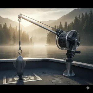 An illustration of a downrigger and trolling setup, essential salmon fishing gear for deep-water lake or ocean fishing.