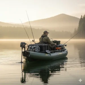 An inflatable fishing kayak equipped with a small electric trolling motor on a stern mount.