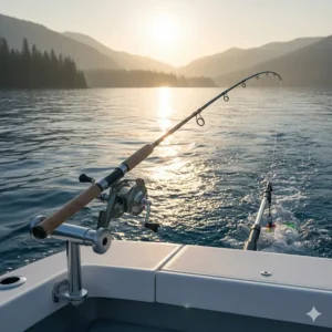 A specialized trolling salmon fishing rod positioned for deep water fishing in natural light.