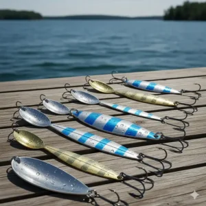 Shiny silver and blue trolling spoons designed for attracting King salmon in deep water.