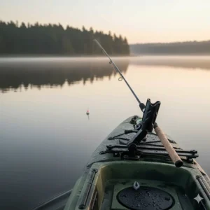 View from the cockpit showing a kayak fish pole holder being used for trolling in open water.