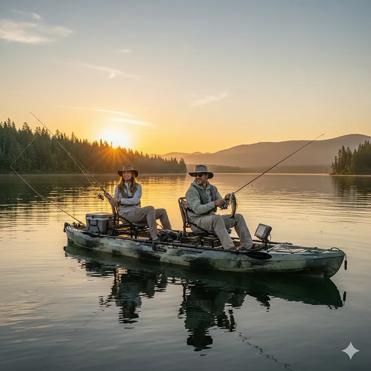 Two people fishing from a tandem sit-on-top fishing kayak on a calm lake at sunrise. two person fishing kayak