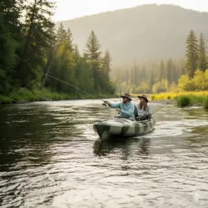 Maneuvering a two person fishing kayak through slow-moving river currents while fly fishing.