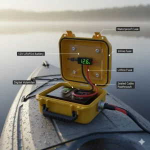 A cutaway view of a waterproof DIY battery box used to power kayak electronics.