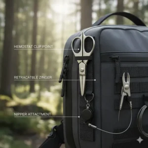 Close-up illustration of zinger attachments and hemostats secured to a fly fishing chest pack.