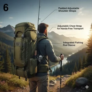 Illustration of a backpack-style fishing rod bag with adjustable chest straps for comfortable hands-free transport.