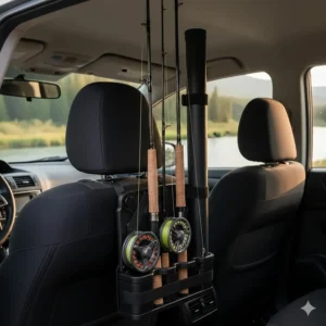Vertical fishing rod rack attached to the back of front-row car headrests for organized cabin storage.