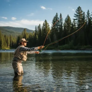 A beginner angler practicing a forward cast with a 9-foot fly fishing rod on a calm stream.