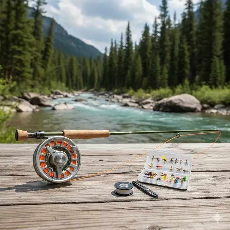 A complete beginner fly fishing kit including a graphite rod, reel, floating line, and a small fly box set against a river background.