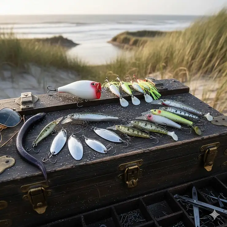 A collection of top-rated fishing lures for striped bass, including topwater plugs, swimbaits, and bucktail jigs laid out on a tackle box.