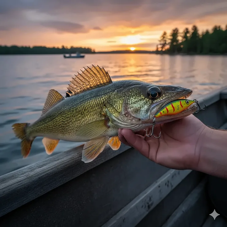 A large trophy walleye caught on a colorful crankbait lure in clear water. Fishing Lures for Walleye