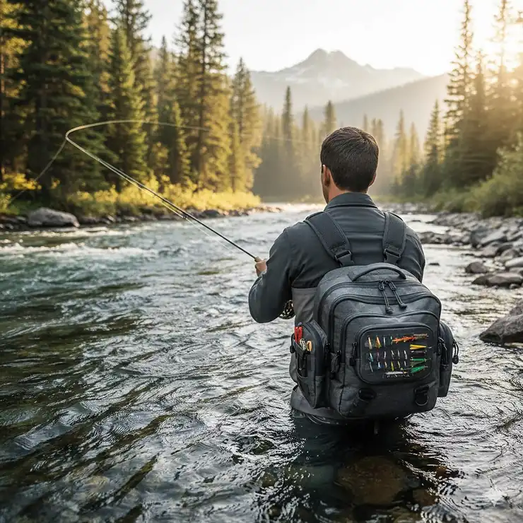 A fly fisherman standing in a mountain stream wearing a waterproof fly fishing chest pack while casting a line.