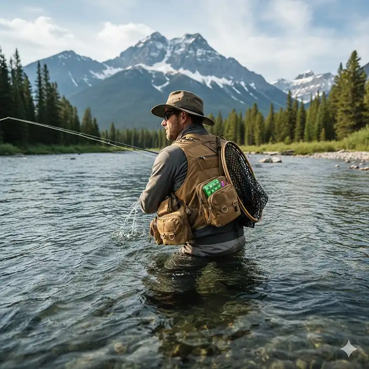 An angler wearing a fully equipped tan fly fishing vest while standing in a mountain stream.