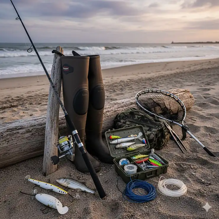 A complete collection of striped bass fishing gear including a surf rod, saltwater reel, and tackle box on a sandy beach.