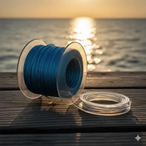Spools of blue braided line and fluorocarbon leader material used in striped bass fishing gear.