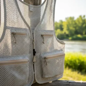 Lightweight mesh fly fishing vest designed for comfort in hot weather fishing conditions.