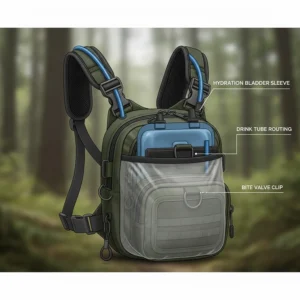 Illustration showing how a hydration bladder integrates with a fly fishing chest pack harness.
