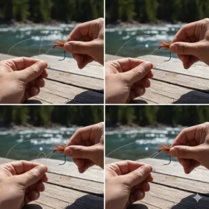 Step-by-step illustration of tying a clinch knot to attach a fly to the tippet.