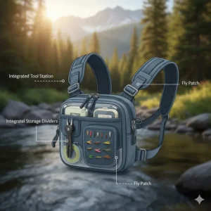 A detailed diagram of a compact fly fishing chest pack showing integrated tool stations and fly patches.