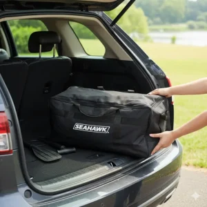 An illustration of a deflated fishing boat folded into a compact carry bag fitting inside a car trunk.