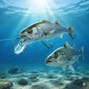 A long-form deep-diving minnow jerkbait with realistic scales for trolling or casting for striped bass.