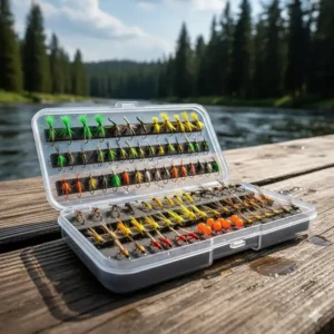 A waterproof fly box containing a variety of dry flies and nymphs for trout fishing.