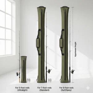 Illustration showing different fishing rod bag lengths compared to standard 5-foot, 7-foot, and 9-foot rods.