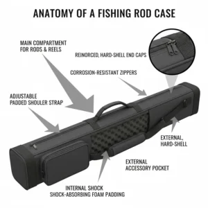 Anatomy of a fishing rod case highlighting reinforced ends, water-resistant fabric, and adjustable shoulder straps.