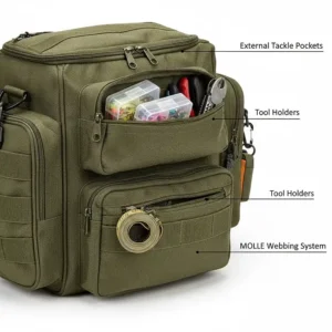 Close-up illustration of external pockets on a rod bag holding tackle boxes and specialized tool holders.