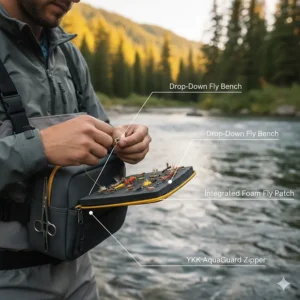 An angler using the rigid drop-down foam fly bench on the front of a fly fishing chest pack to change flies.