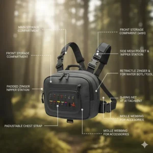 A detailed diagram showing the pockets, tool stations, and fly patch of a modern fly fishing chest pack.