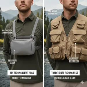 A visual comparison highlighting the mobility of a fly fishing chest pack versus a traditional fishing vest.