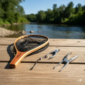 A wooden landing net, nippers, and forceps included in a premium beginner fly fishing kit.