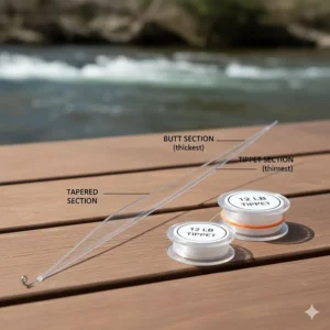 Illustration showing the difference between a tapered leader and tippet spool in a starter set.