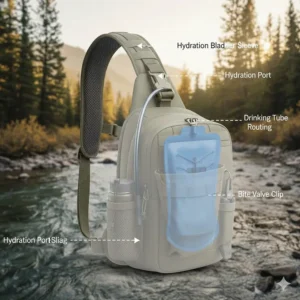 Illustration showing how a hydration reservoir fits into a technical fly fishing pack for long days on the water.