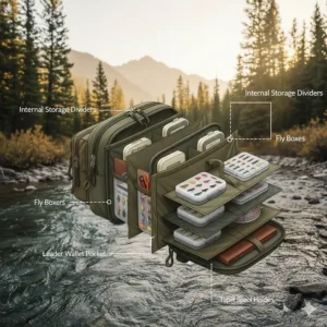 Cross-section illustration showing internal dividers for fly boxes, tippet spools, and leader wallets inside a pack.