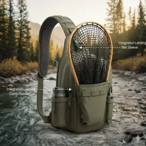 Close-up illustration of an integrated landing net sleeve on the back of a fly fishing sling pack.