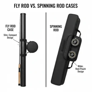 Comparison of a slim fly fishing rod tube and a wider spinning rod case with a reel pouch.