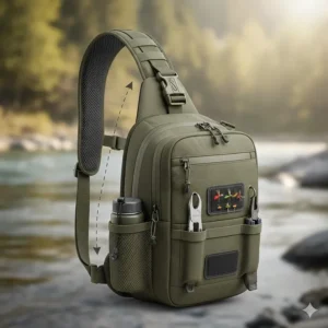 Illustration showing the ergonomic design of a fly fishing sling pack with a quick-access swivel feature.