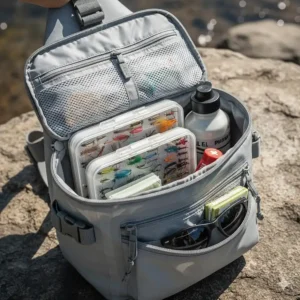Interior view of a fly fishing sling pack showing fly boxes and gear storage.