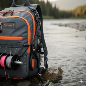 Hypalon tabs and tool docks on a sling pack holding forceps and line nippers.