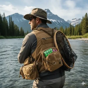 The back of a fly fishing vest featuring a D-ring with a landing net attached.